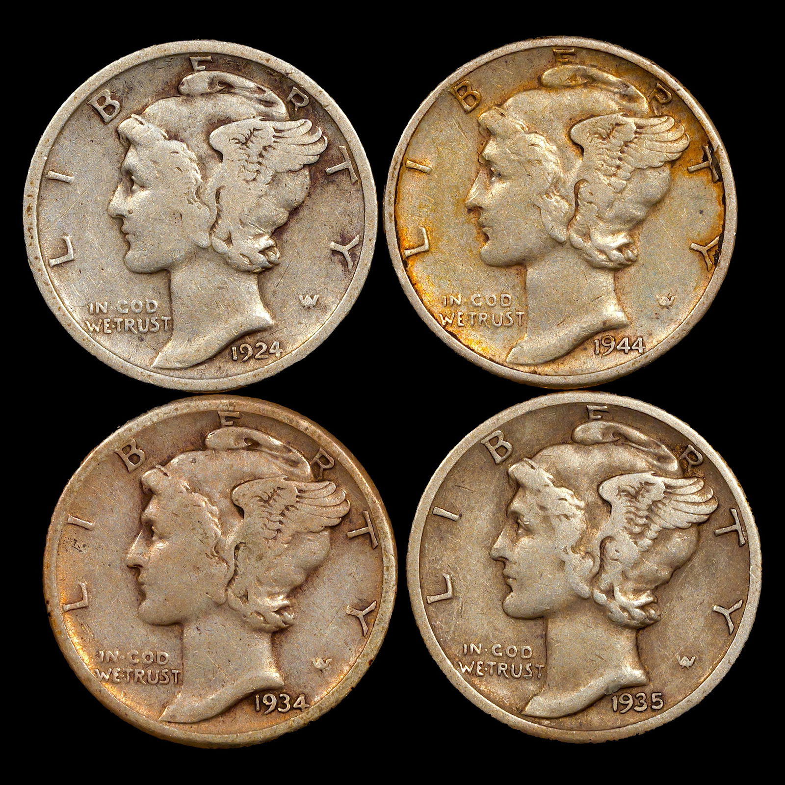 (4) Nicely Toned Mixed Mercury Dimes - 10c (1 of 2)