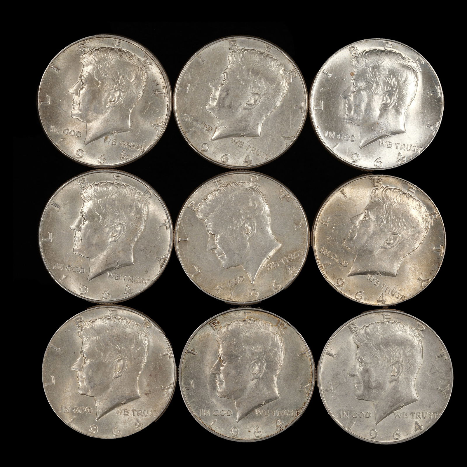 *3.2553 oz ASW* (9) 1964 Kennedy Half Dollars - 50c - AU/BU (1 of 2)