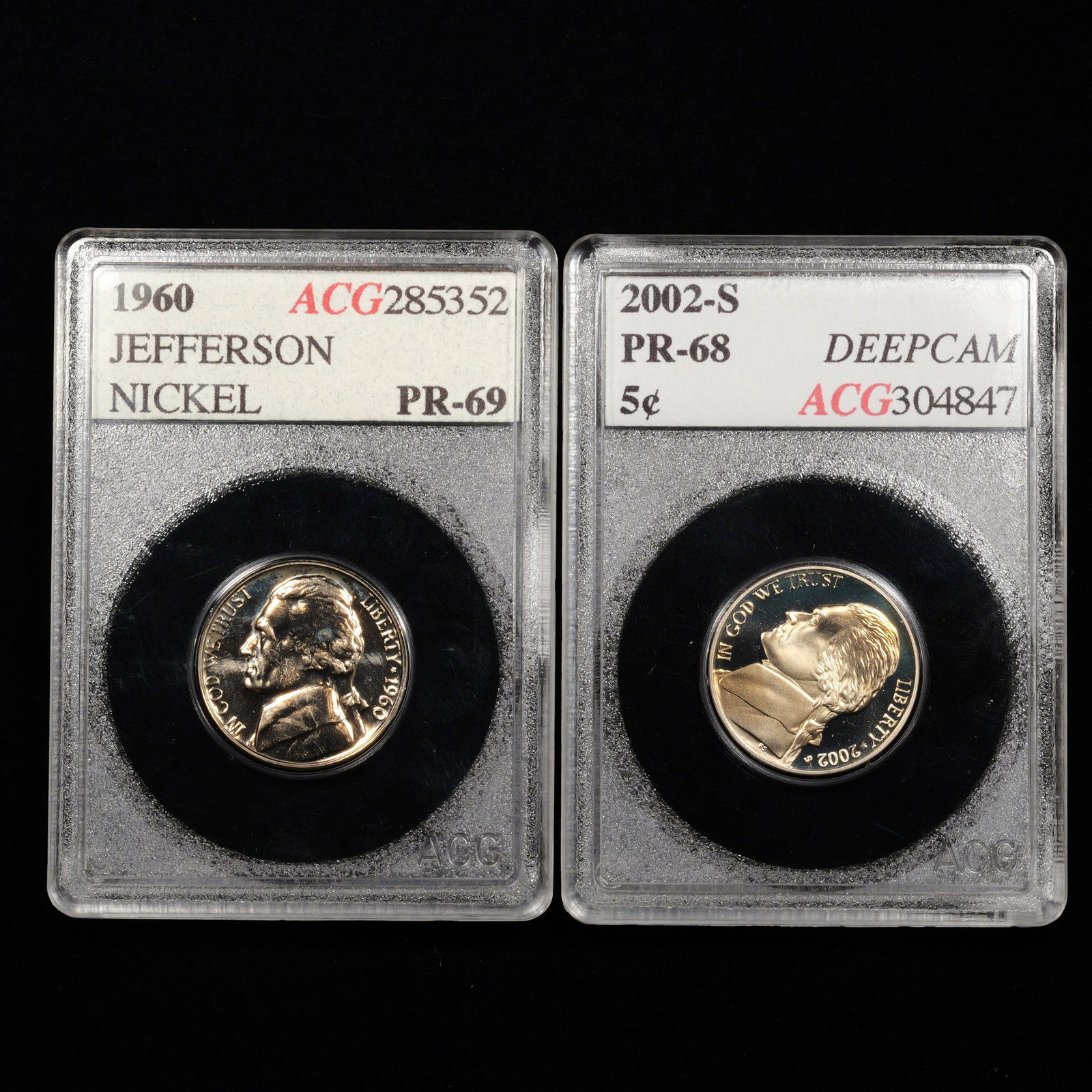 (2) Proof Jefferson Nickels - ACG Graded - 1960 PR69 - 2002-S PR68 Deep Cameo: Nickels