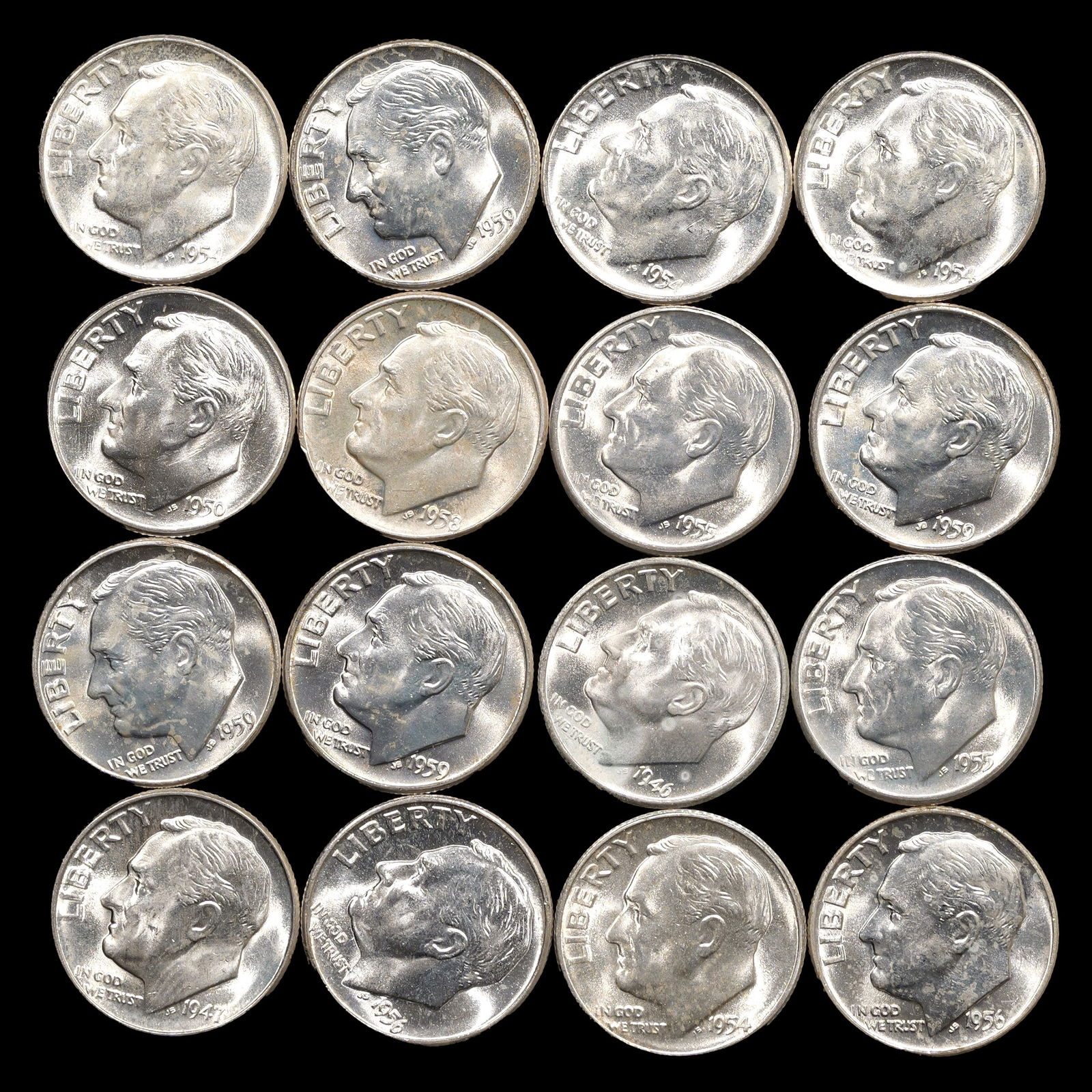 *0.86808 oz ASW* (16) Mixed Date Roosevelt Silver Dimes - 10c - GEM or Better (1 of 2)
