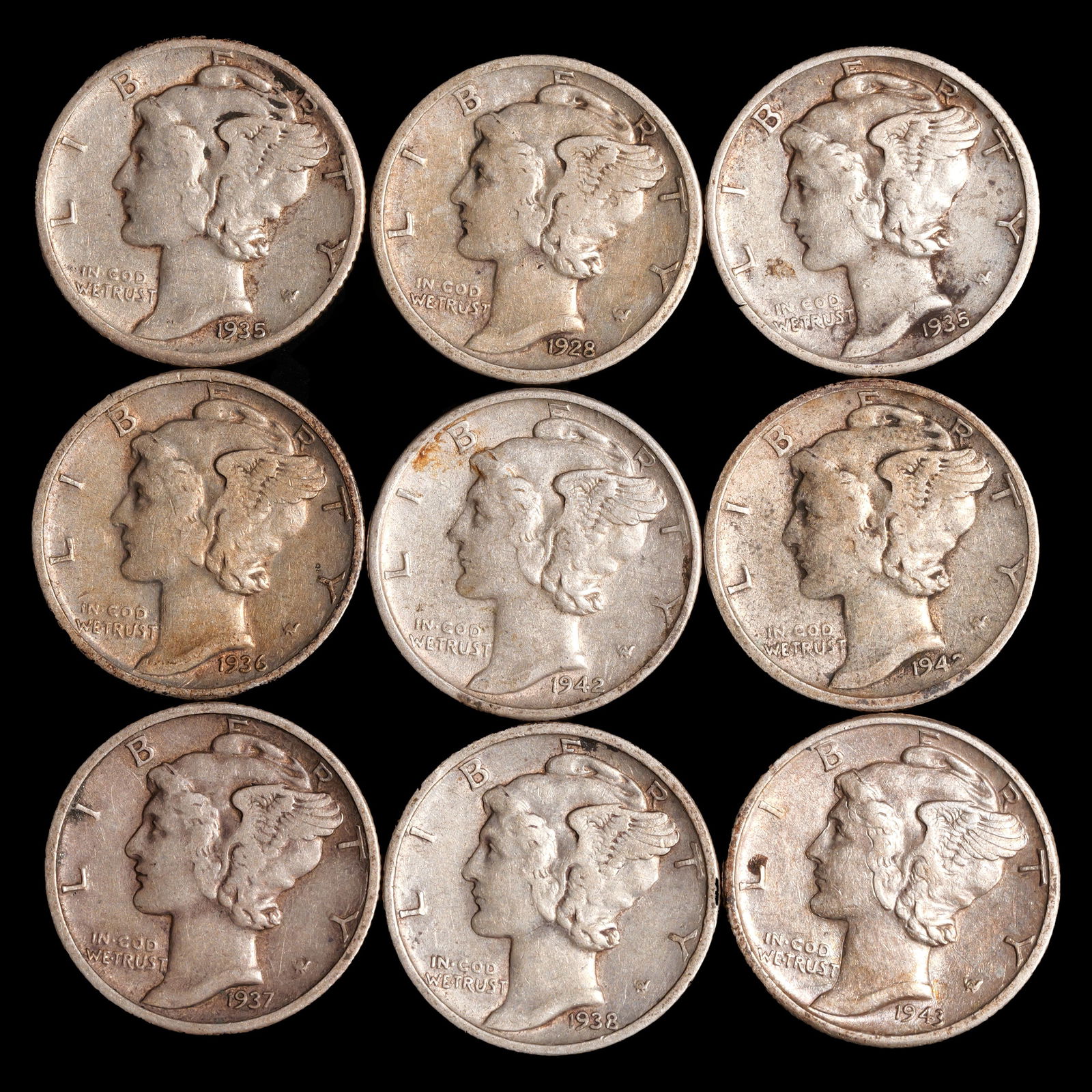 *0.65076 oz ASW*(9) Better Grade Mixed Mercury Dimes - 10c (1 of 2)