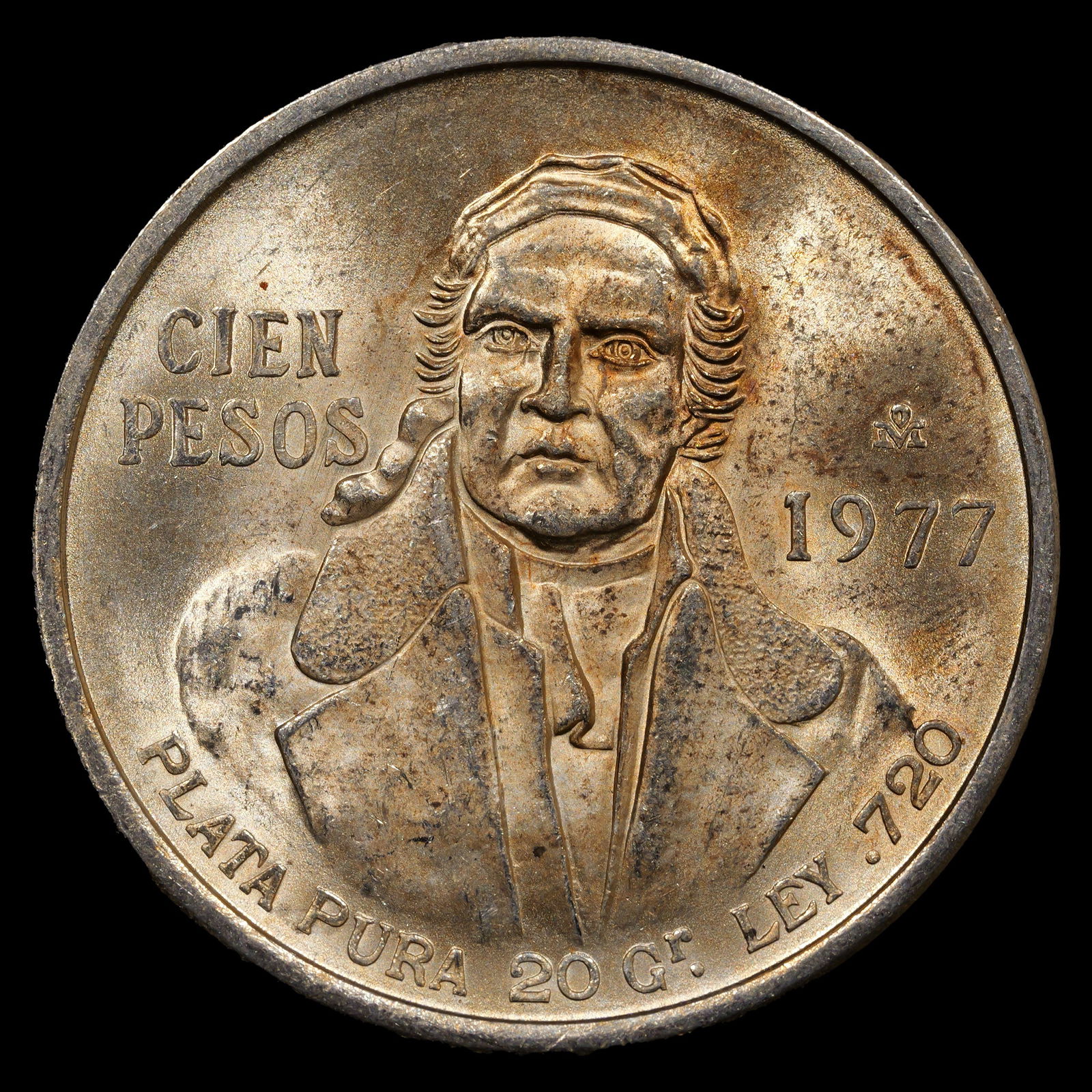 *0.6425 oz ASW* 1977 Mexico 100 Pesos Silver Morelos Coin - CHOICE BU: Copper Toning