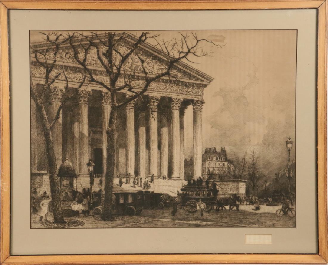 CHARLES PINET (FRANCE, 1867-1932): "Place de la Madeleine, Paris", etching with aquatint on paper, pencil signed, in maple stick frame, matted and glazed, OS: 20" x 25", SS: 15" x 20 1/4". Stain in sky, toning shadow from corrugated ba