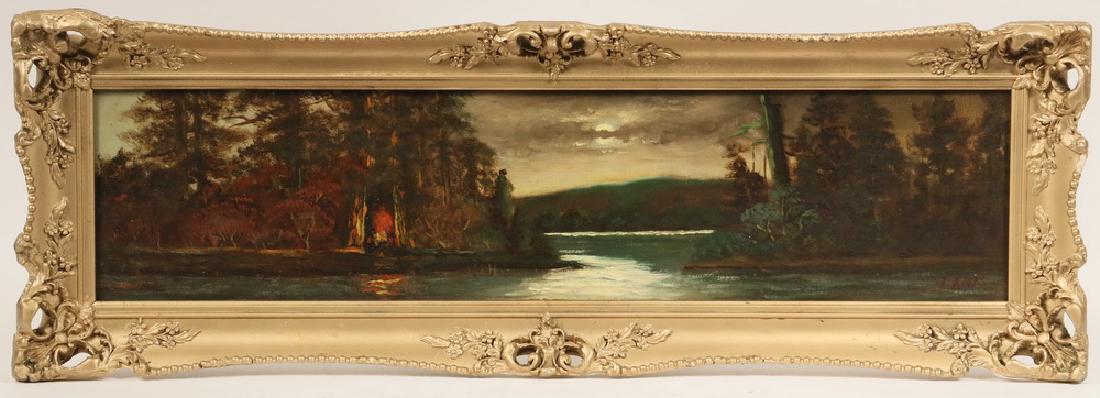 ATTRIBUTED TO JOHN ENGLEHART (IL/CA, 1867-1915): Moonlit Lakeside Camping Scene Among Old Pines, oil on canvas, signed lower right "LANG", (a common pseudonym used by Englehart), circa 1900, housed in matched corner gold painted Victorian frame, OS: