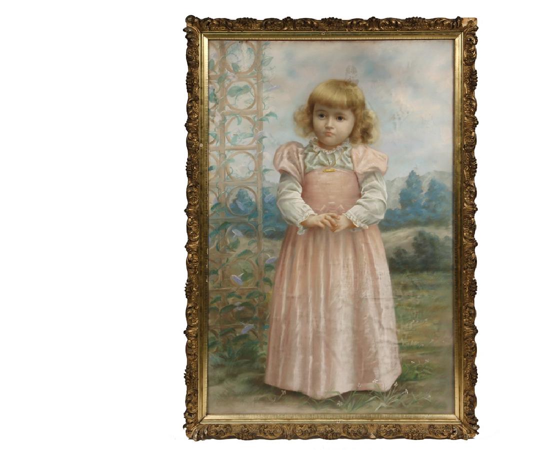 WILLIAM SAMUEL HORTON (NY/MI/FRANCE, 1865-1936): Life-Sized Portrait of a Young Blonde Girl in a Pink Dress, pastel on paper, signed lower left "Horton", in gold gesso frame, under glass. OS: 46 1/2" x 32 1/2", SS: 41 1/2" x 27 1/2". Stain at top of