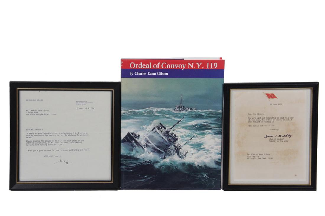 WWII US CONVOY BOOK W/ BRADLEY & ROGGE LETTERS: Copy of "Ordeal of Convoy N.Y. 119", by Charles Dana Gibson, Ensign Press, Camden, Maine, 1992, second edition; PLUS TLS from US Army Gen. Omar Bradley (1893-1981) an TLS from Konteradmiral Bernhard R