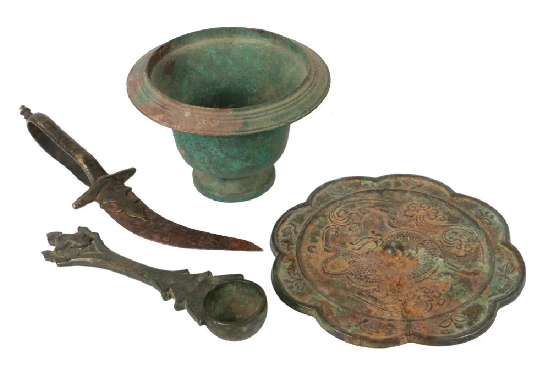 (4 PC) ASIAN LOT: The first a Bronze Hindu Temple Alms Bowl, Bali, 3 3/4" deep, 5" diam.; Bronze Hindu Temple Altar Dipper, Bali, 7" long, 1 1/2" bowl; Chinese Cast Bronze Mirror with Central Dragon as Imperial feature