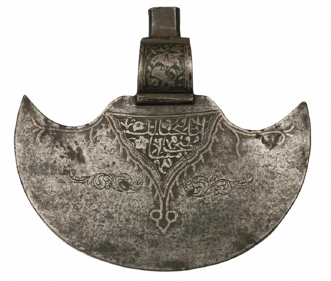 PERSIAN QAJAR HEAVY AXE HEAD: Iron 'Tabar-i-Zin' Battle Axe with Crescent Shaped Head, large scale, having hammer back and substantial shaft eye, engraved, with linear brass inlay, 9" x 8 1/4" x 2", takes a 1 1/4" handle. Surface