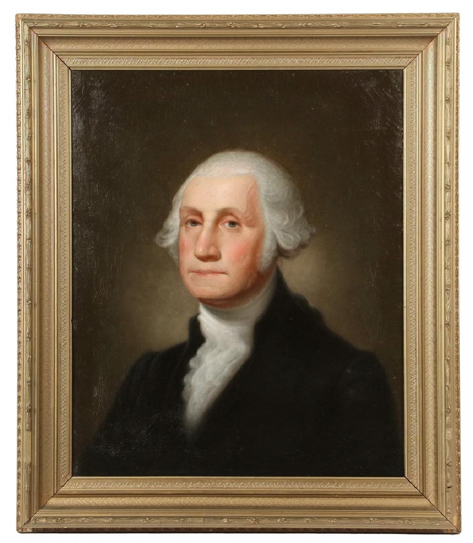 ATTRIBUTED TO FRANCIS ALEXANDER (CT, 1800-1880): The "Moses-Torrey-Spear" Bust Portrait of George Washington, after the original "Athenaeum" portrait by Gilbert Stuart (MA/RI, 1755-1828), oil on canvas, unsigned, in simple gold gesso frame. OS: 33"
