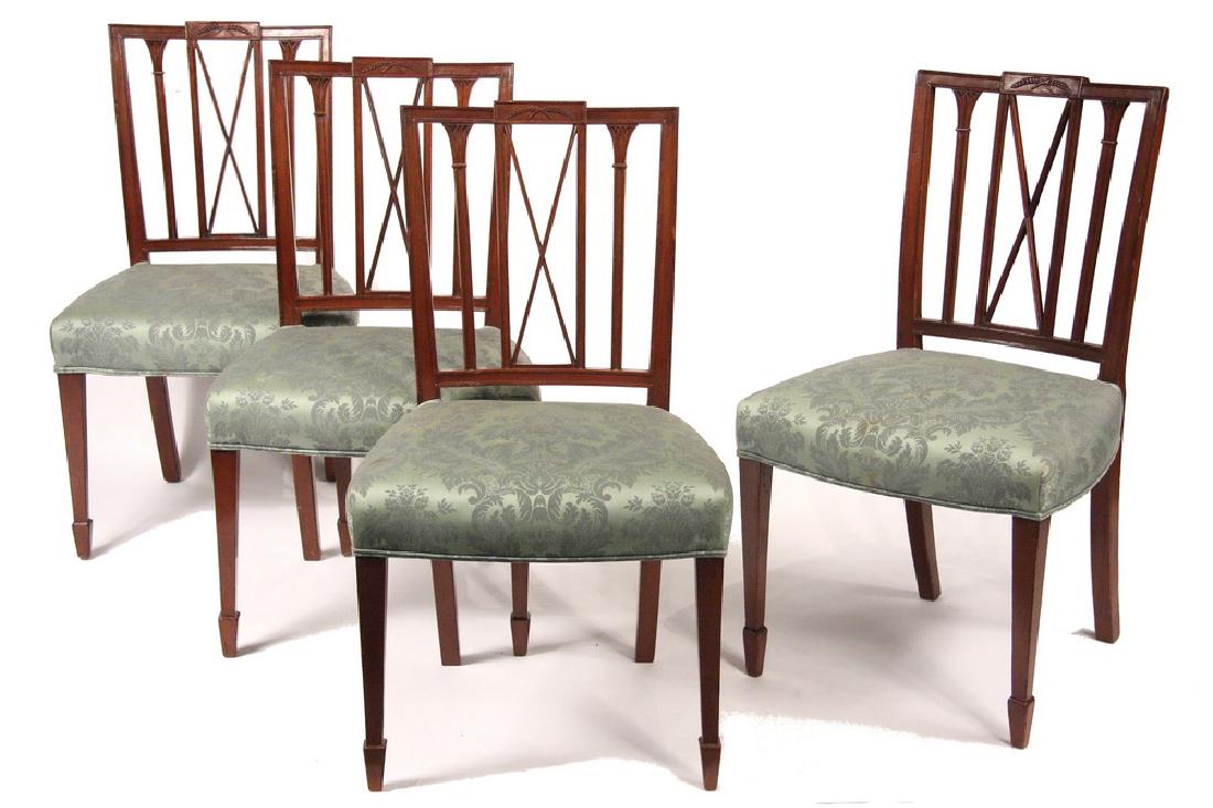 (SET OF 4) HEPPLEWHITE SIDECHAIRS: Four Period Hepplewhite Sidechairs in Honduran Mahogany, having spade foot, with x-form splat flanked by Grecian columns, with relief carved crossed wheat rail, in green brocade upholstery, self-corde