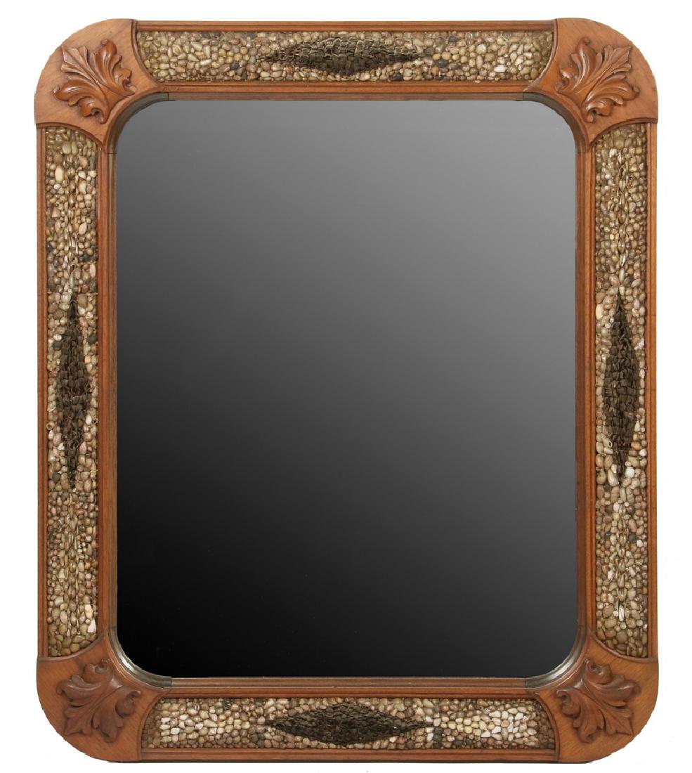 LARGE SAILOR'S ART MIRROR: 19th c. Victorian Wall Hanging Marine Folk Art Mirror in mahogany, decorated with compartments of tiny seashells, in the manner of a Sailor's Valentine. Featuring molded edges, curved corner blocks de