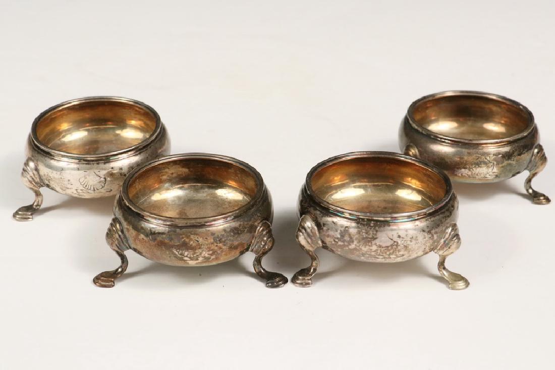 (4) ENGLISH SALT CELLARS: Set of (4) English George II Period Sterling Silver Salt Cellars by Edward Wood (specialist salt maker and master to David Hennell), hallmarked for London, 1738, on three hoof form feet, each with eng