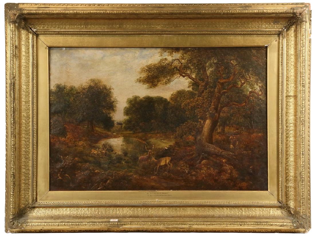 AFTER THOMAS GAINSBOROUGH (UK, 1727-1788): "Richmond Par, Ham Gate", oil on canvas, signed lower left, titled verso, depicting the Royal Preserve Park with Red Stags and Fallow Bucks around a small pond, woman gathering deadfall wood under anc