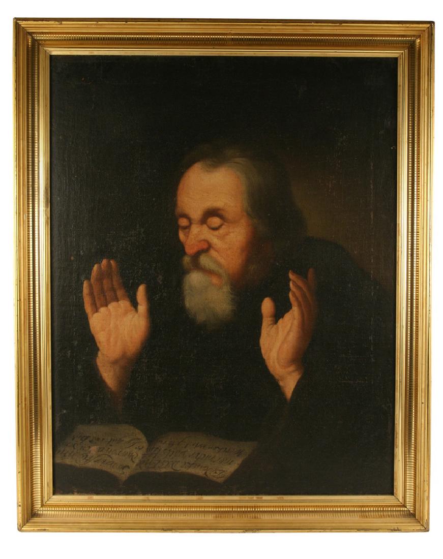 OIL ON CANVAS: 17th C. German Portrait of Grey Bearded Monk praying from text, both hands raised, unsigned, in etched lemon gold cove frame, SS: 29" x 23", OS: 33" x 27". Cleaned, relined.