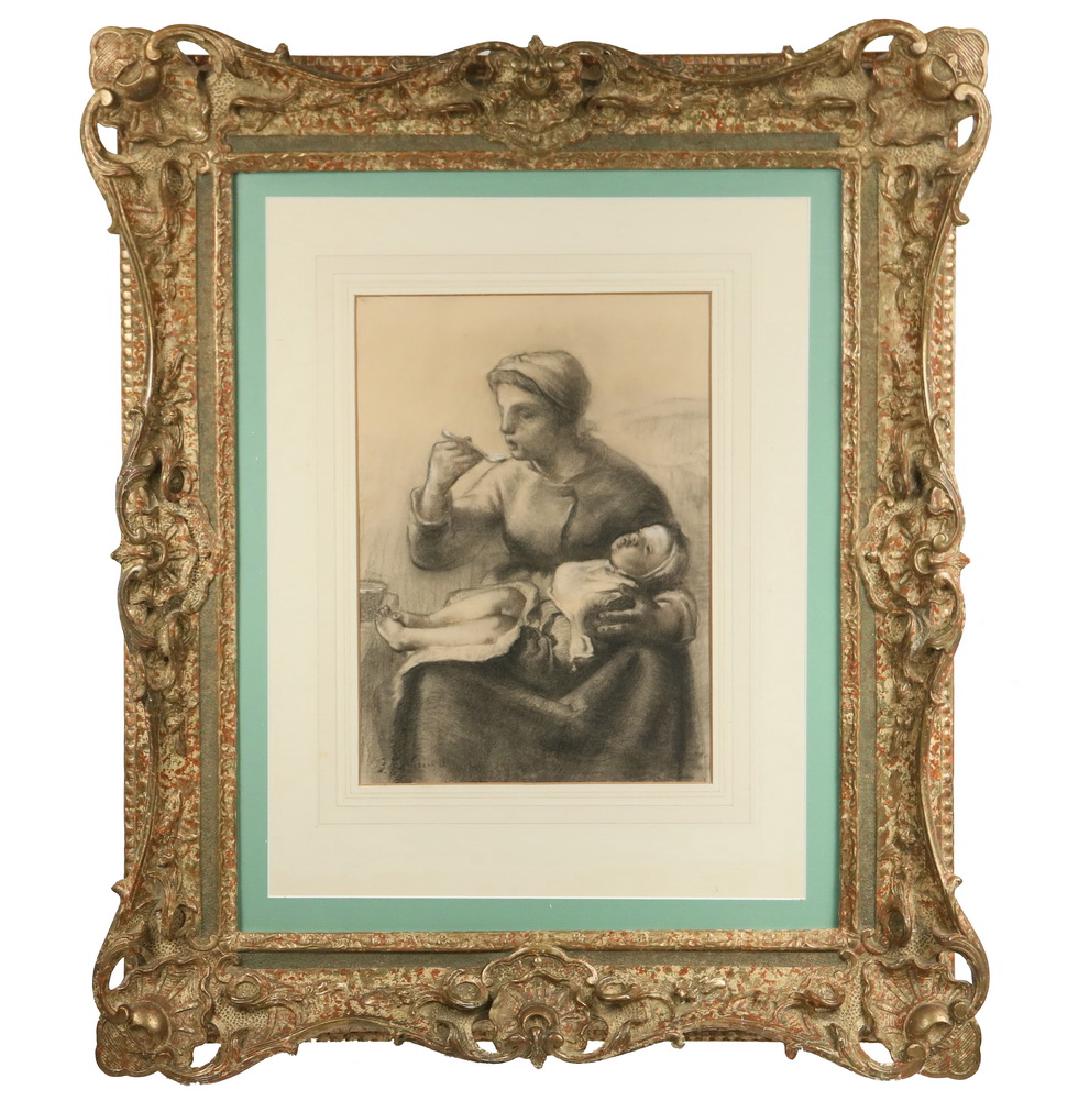 ATTRIBUTED TO JEAN FRANCOIS MILLET (FRANCE, 1814-1875): "La Bouille", black chalk drawing on paper, heightened with white, signed lower right, circa 1861 (year of etching he made from this drawing), label verso from the Exhibition of Works from the Hugh Bl
