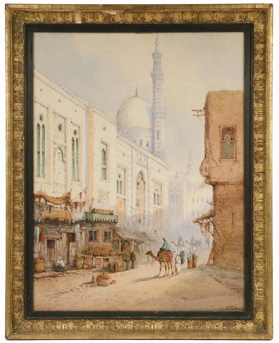 FRANK CATANO (ITALY, 1880-1920): Cairo Street Market Scene with Mosque, watercolor, signed lower right, in gold gesso cove frame with black liner, glazed, OS: 25 3/4" x 20 1/2", SS: 21 1/2" x 16 1/4". Good condition.