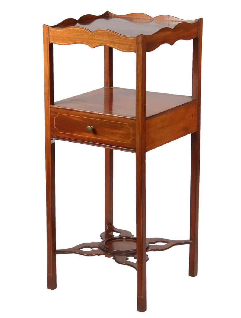 FEDERAL PERIOD SQUARE WORK STAND: Mahogany Two-Tiered Stand with cyma-curved gallery, intermediate shelf with single shallow drawer having button pull, pierced and shaped lower shelf stretcher with center bowl ring seat, enhanced with