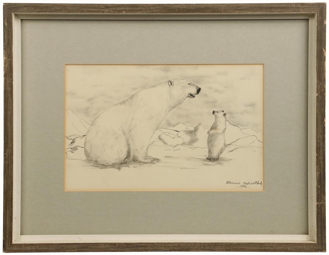 FLORENCE NUPOK MALEWOTKUK (AK, 1906-1971): Polar Bear with Cub, pencil on paper, signed lower right and dated 1971, in grey frame with white liner, matted and glazed, OS: 13" x 17", SS: 7" x 11". Edge toned, frame scuffed. Florence Nupok Malew