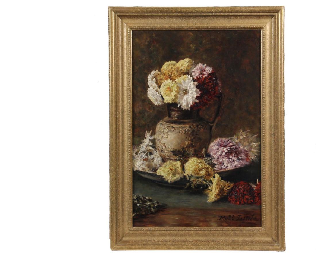 ROBERT W. LITTLE (UK, 1854-1944): "Chrysanthemums in an Earthenware Jug", oil on canvas, signed lower right, titled verso on Gallery Thirty Three of Sussex, England label, also with Renjeau Gallery of Natick, MA label. In later gold f