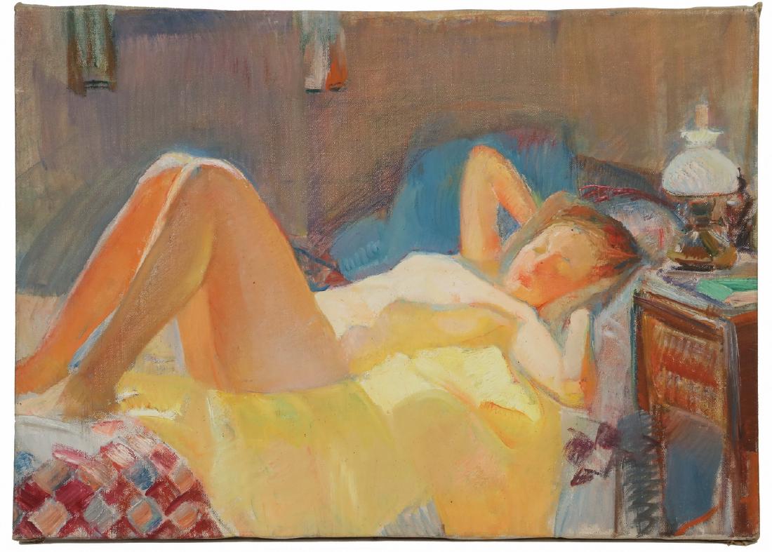 MARY STUARD TOWNSEND MASON (MA/PA/OH, 1886-1964): "Sun Bath", oil on canvas, signed and titled verso with Philadelphia address, depicting a reclining nude woman, unframed. SS: 17 1/4" x 25 1/2". Good condition.