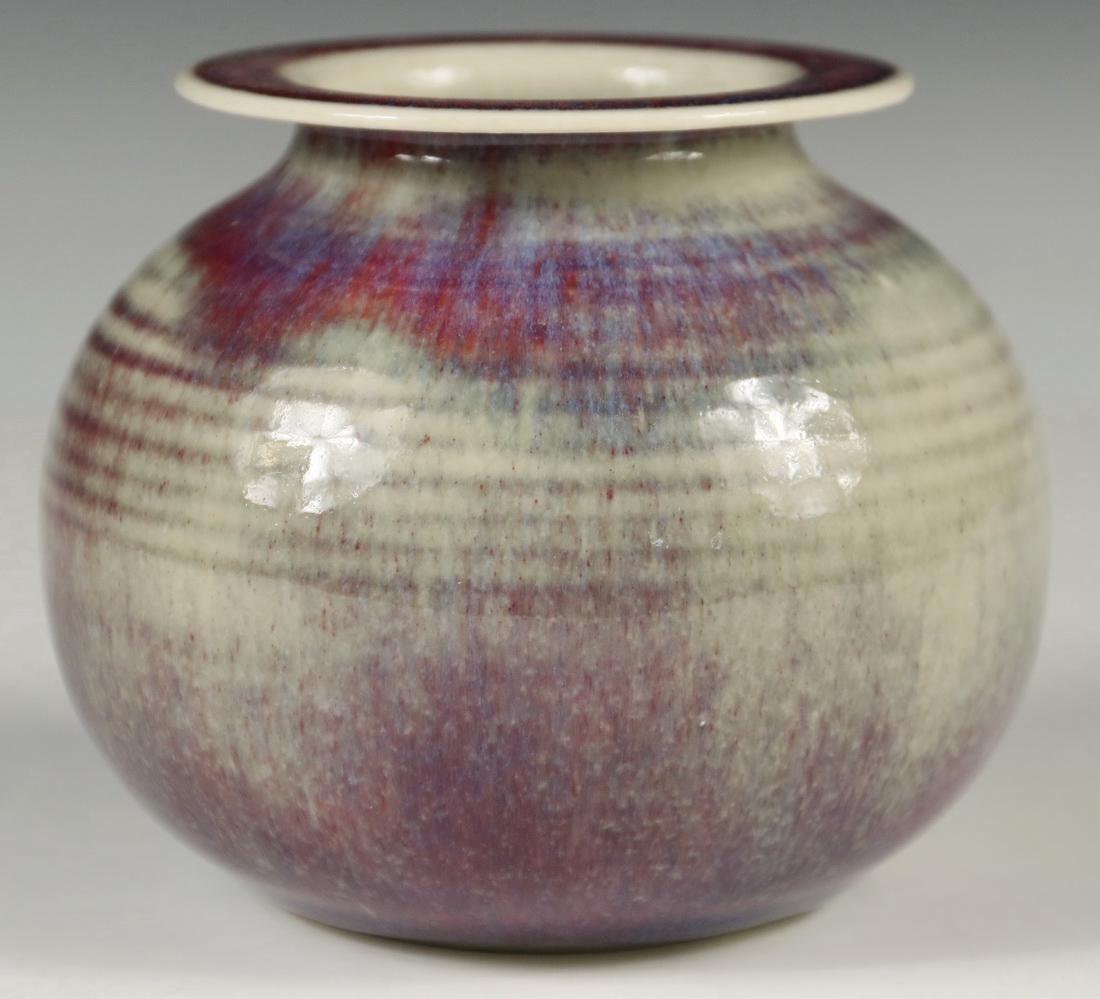 THOMAS BEZANSON (VT, 1929-2007): Porcelain Vase with fumed copper glaze, squatty form with flared top rim, incised on base 'Benedictine Monks, Weston, Vermont' and with Brother Thomas' 1970s mark, and in ink '30/6/1713', 4 1/4" high,