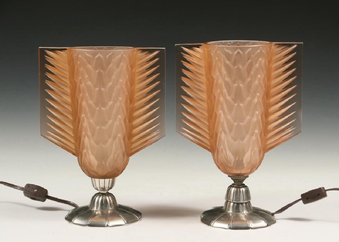 PAIR OF CHROME AND PEACH GLASS ART DECO ACCENT LAMPS (1 of 2)