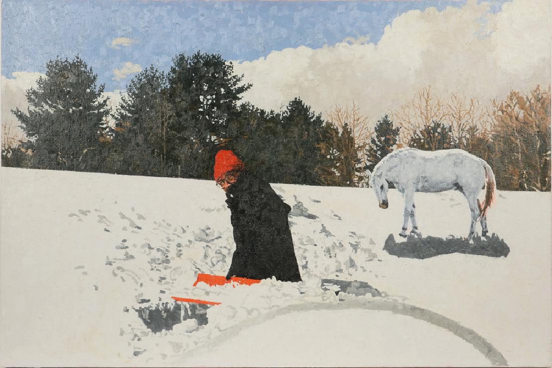 ROGER WINTER (NY/NM, 1934 - ): "Self Portrait with White Horse", oil on linen, signed and titled verso, dated 1993, unframed, 24 1/4" x 36 1/4". Fine condition.