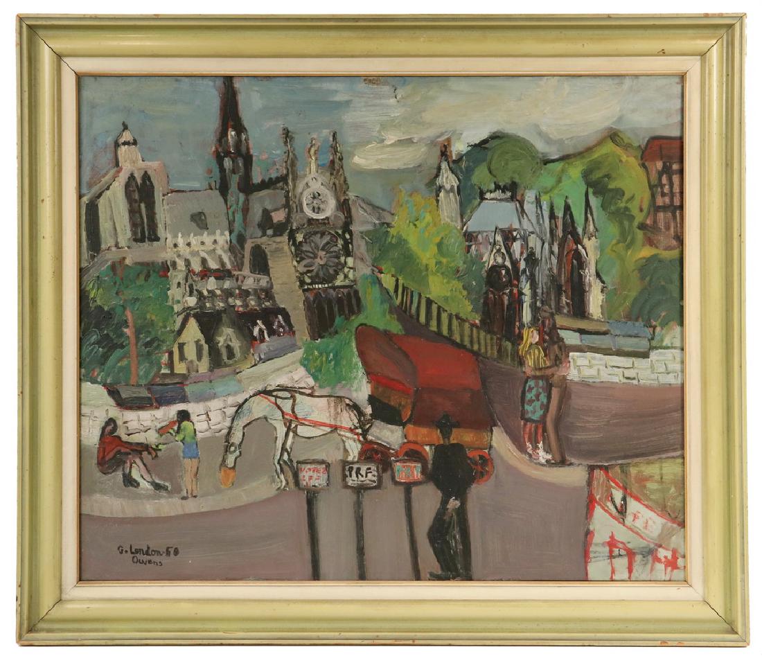 GEORGETTE LONDON-OWENS (1924 - ): Notre Dame and Ste. Chapelle, oil on canvas, signed lower left and dated 1950, in celery green painted molded frame with white liner, OS: 29" x 34", SS: 23 1/2" x 28 1/2". Good condition.
