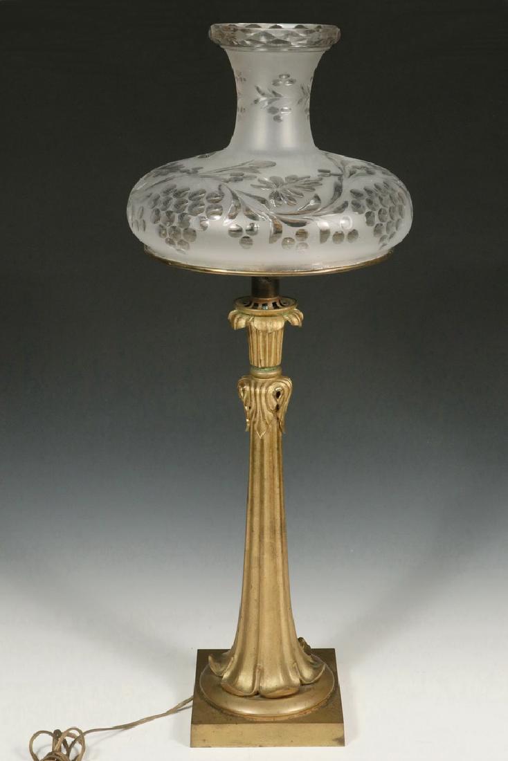 BRONZE BANQUET LAMP WITH CUT GLASS SHADE (1 of 2)