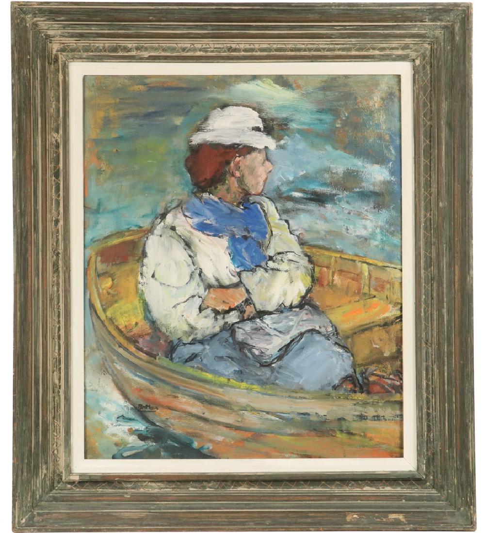 POST-IMPRESSIONIST SCHOOL: "Vacationist", a woman seated in a boat, oil on canvas board, signed illegibly lower left, in an artist decorated black molded frame having sgraffito and white liner, OS: 31" x 27", SS: 23 1/4" x 19 1