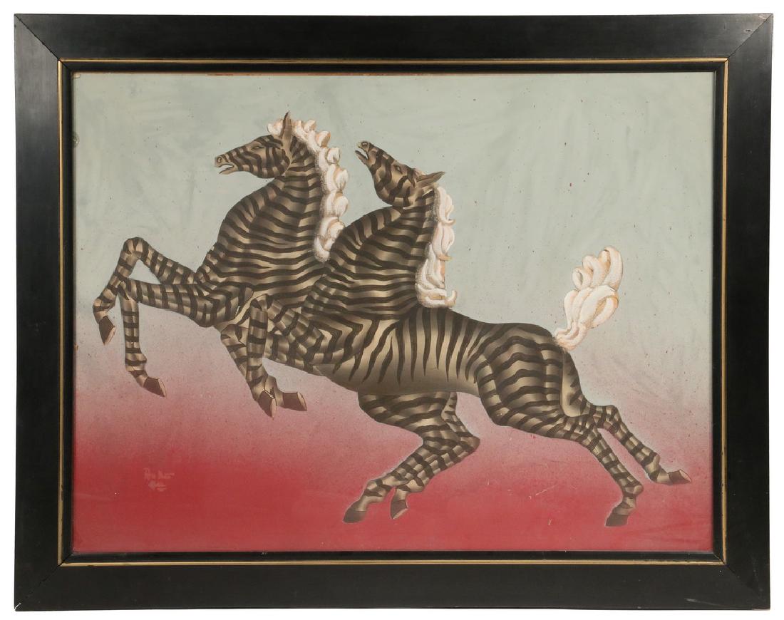 GUSTAVE KAITZ (NY, 1913-1992): "Red Dust", pastel, ink and gouache on illustration board, circa 1950, signed and titled lower left, depicting a pair of zebras, in Art Deco black panel frame with gold beaded liner, under glass, OS: