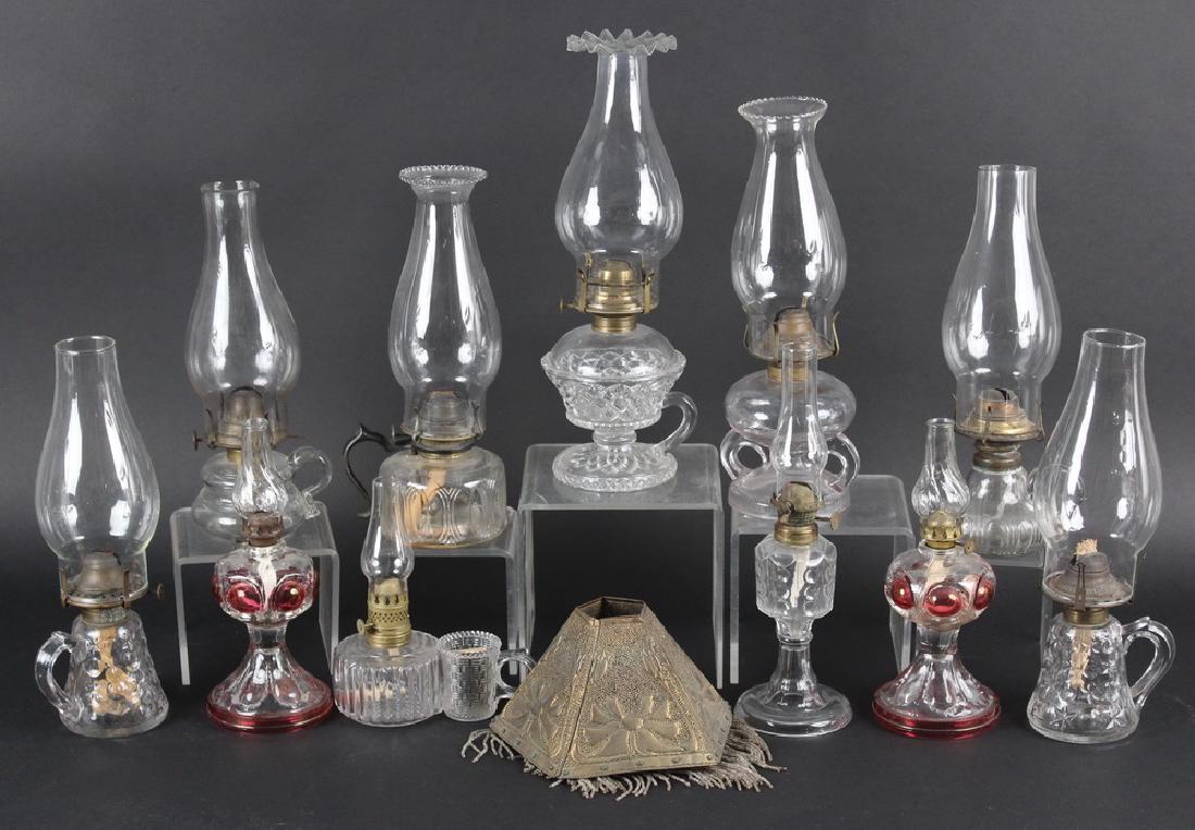 (11) EARLY OIL LAMPS AND (1) PIERCED BRASS SHADE (1 of 1)