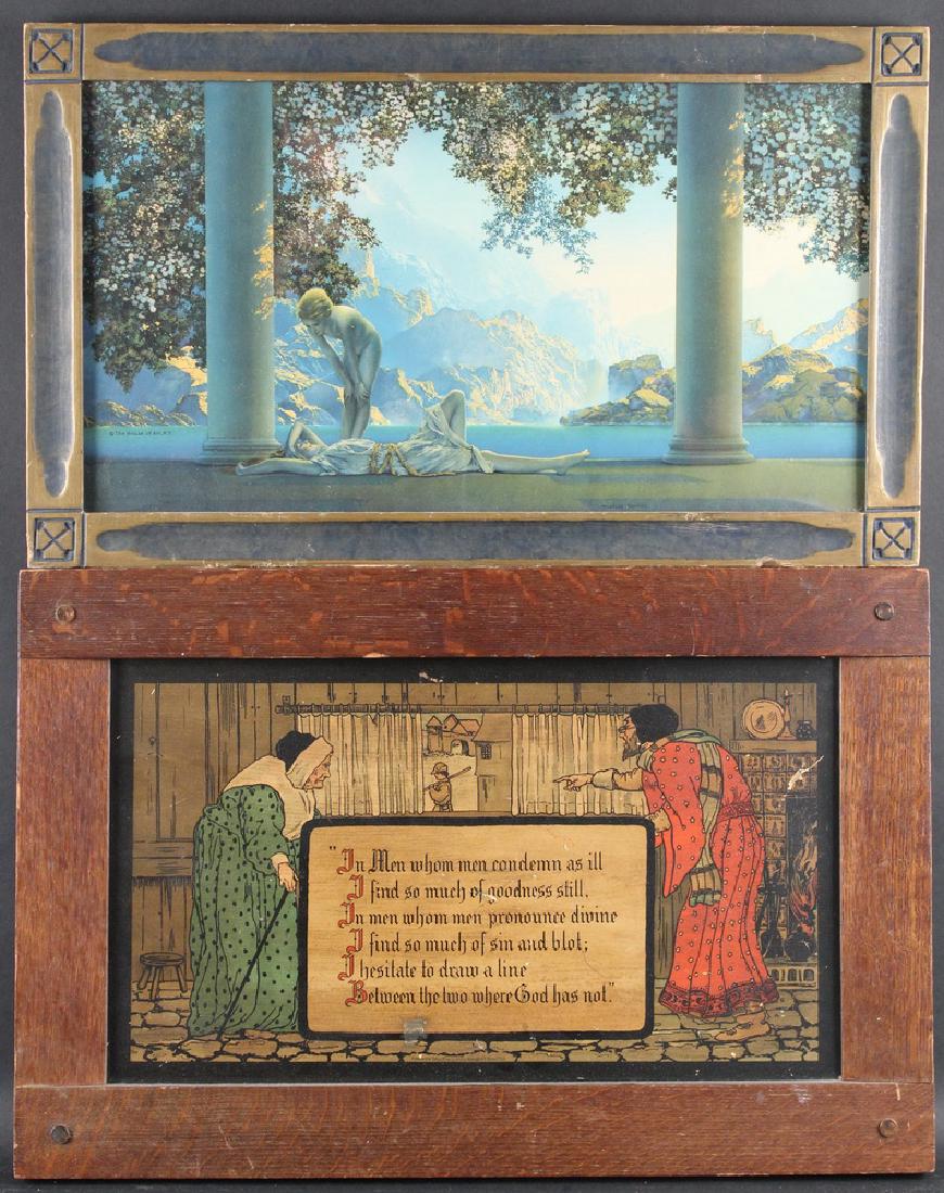 (2) FRAMED ARTS & CRAFTS PRINTS: "Daybreak" from the original painting by Maxfield Parrish, Reinthal & Newman, The House of Art, New York, in the original polychrome blue and gold frame, under glass, OS: 12" x 20", SS: 9 1/2" x 17 1/