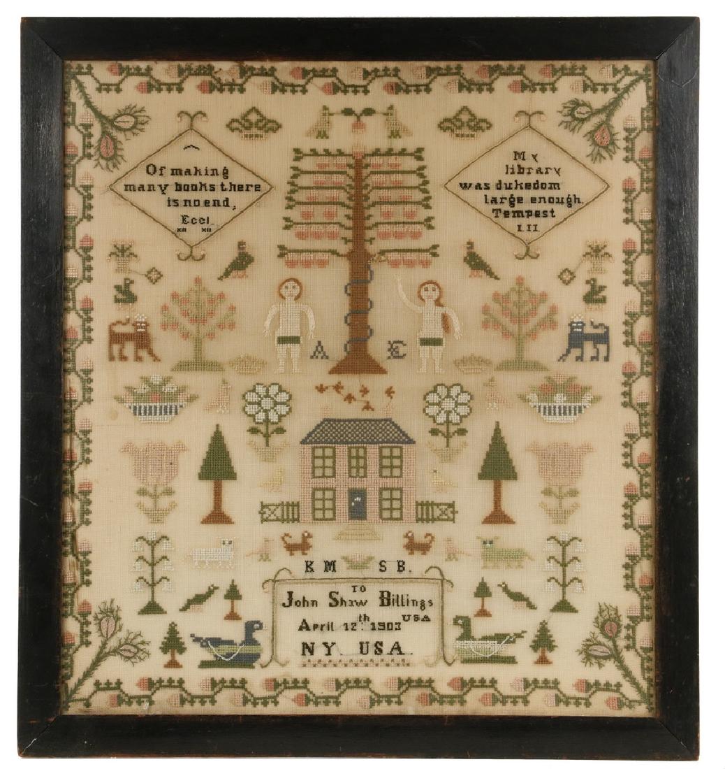 JOHN SHAW BILLINGS PRESENTATION SAMPLER: Adam & Eve English Style Wool on Linen Sampler presented to John Shaw Billings on April 12th, 1903, on the occasion of his retirement as the Director of the New York Public Library (hence the referenc