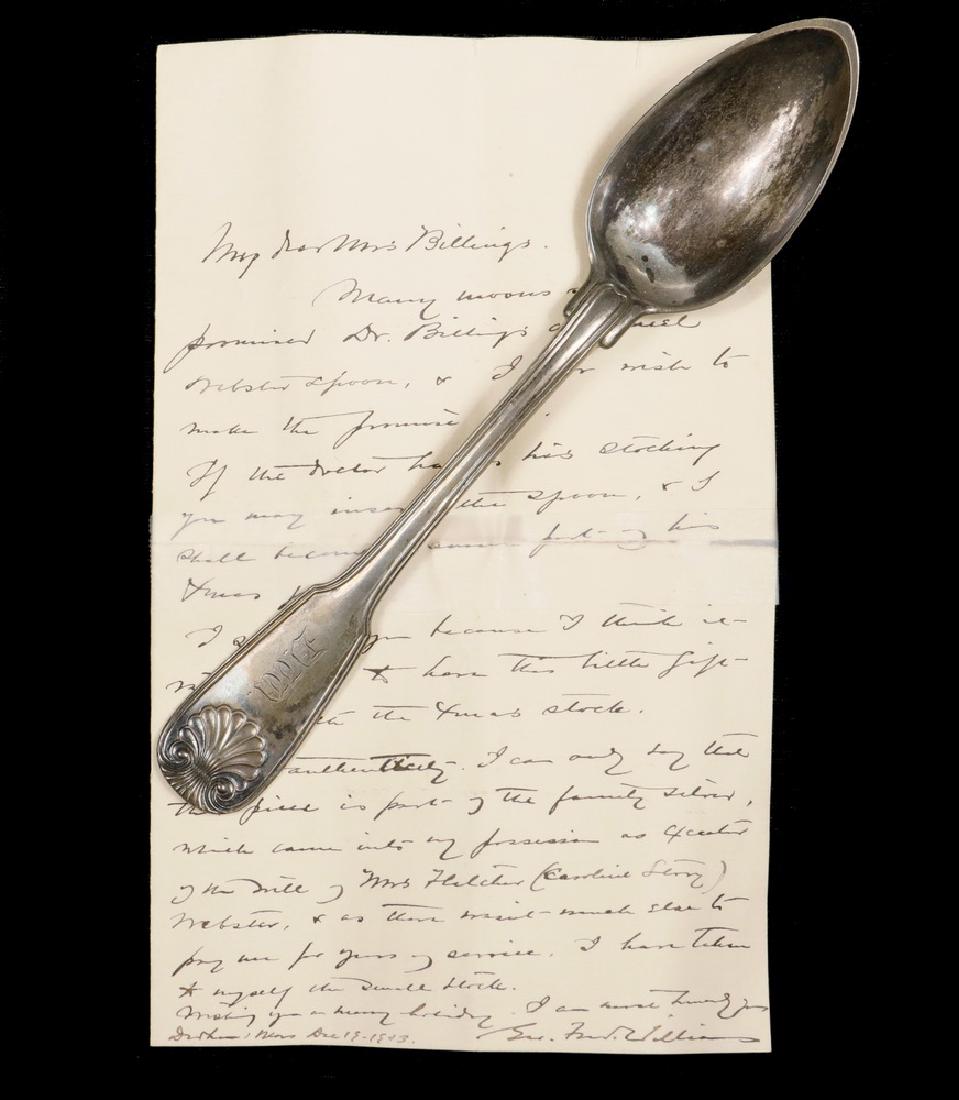 SILVER SPOON WITH DANIEL WEBSTER TO JOHN SHAW BILLINGS: American 19th c. Coin Silver Spoon by Robert Keyworth, Washington, DC (1822-1855), shell and thread pattern, with monogram 'DW', purportedly to have been part of a set originally belonging to Daniel W