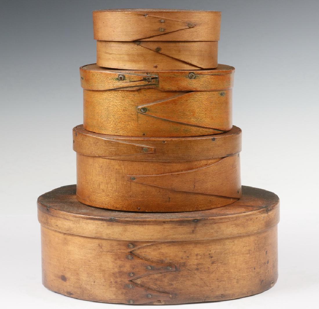 (4) WOODEN PANTRY BOXES: Collection of (4) 19th c. Oval Bentwood Pantry Boxes, including: (3) 'Harvard Shaker' form boxes with opposing single finger laps, probably Hingham, MA, one lid stenciled 'Preserved Figs', 2" to 2 5/8