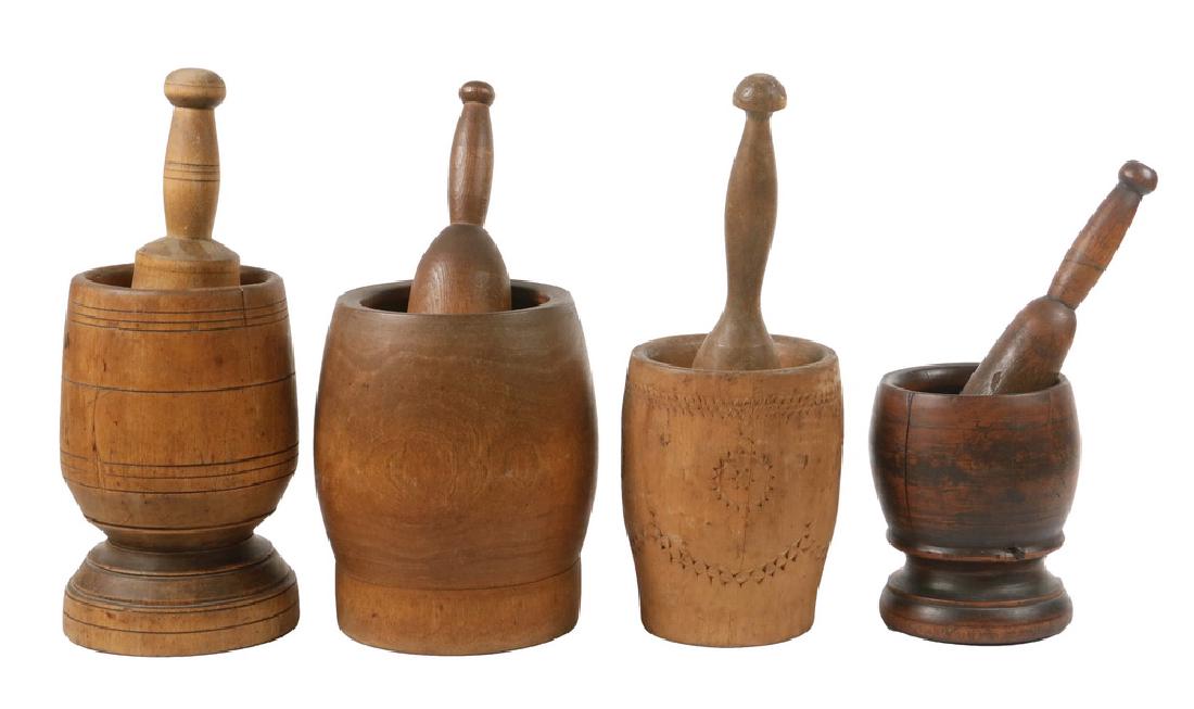 (4) SETS MORTAR AND PESTLE: All 19th c. Hardwood, one with chip carved decoration, all retaining what appear to be the original matching pestles, ranging in size from 6" x 4 3/4" diam. to 8 1/4" x 6 1/4" diam. Good condition, th