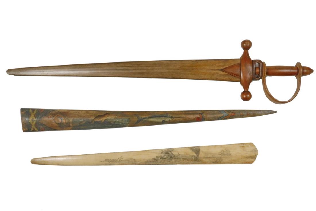 19TH C. SWORDFISH SWORD & (2) DECORATED BLADES