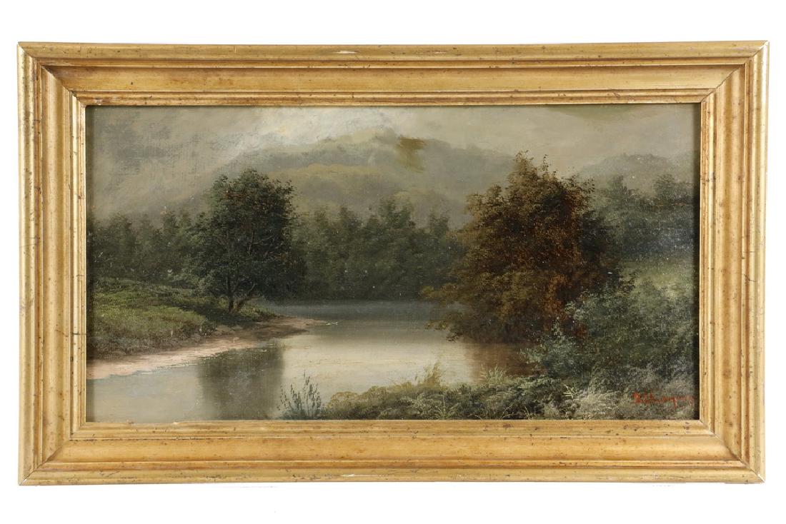 BENJAMIN CHAMPNEY (MA/NH, 1817-1907): Mountain Lake in Summer, oil on upson board, signed lower right, in gold molded cove frame, OS: 12" x 20", SS: 8 3/4" x 16 3/4". Good condition.