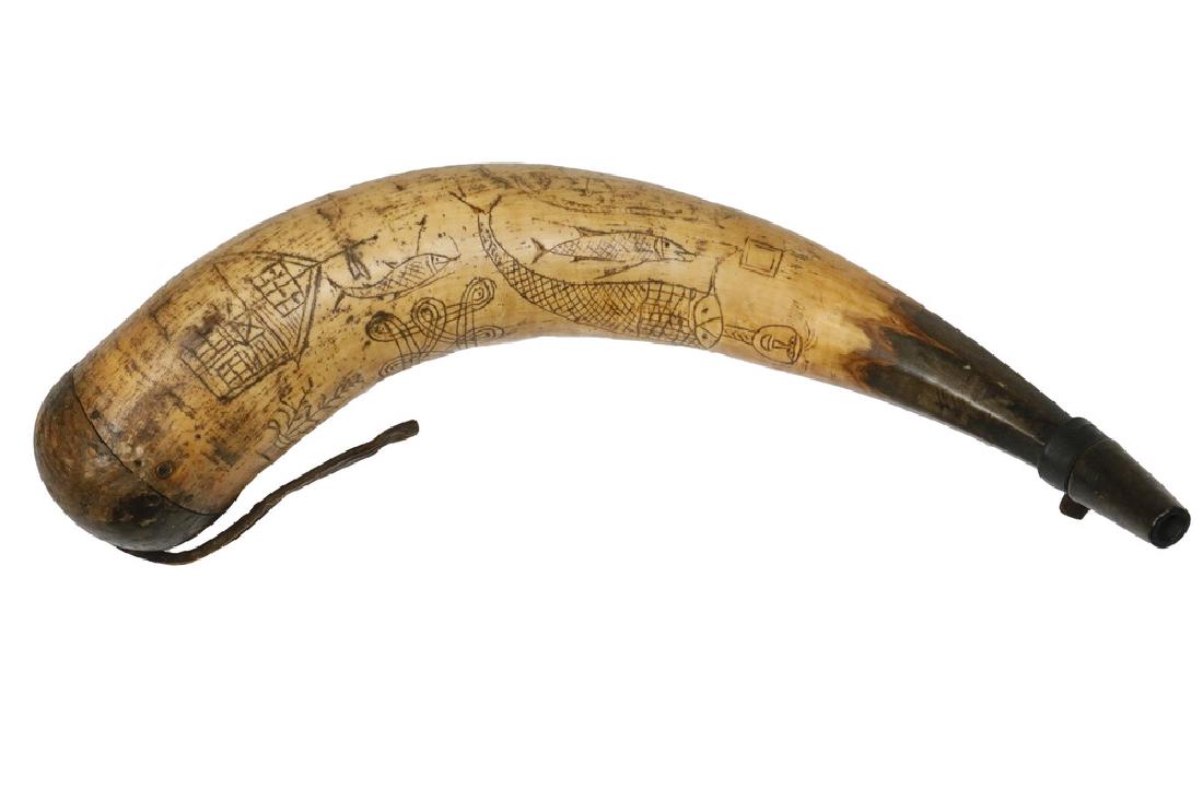 18TH C. DUTCH POWDERHORN FOUND IN HARLEM, NY ATTIC: Large Cow Horn Powder Flask, American Colonial era, scrimmed with the name "Isaac Primmer" and decorated with a Mermaid holding a mirror, a fort, several fish, a hex, a potted plant, a snake and a chi