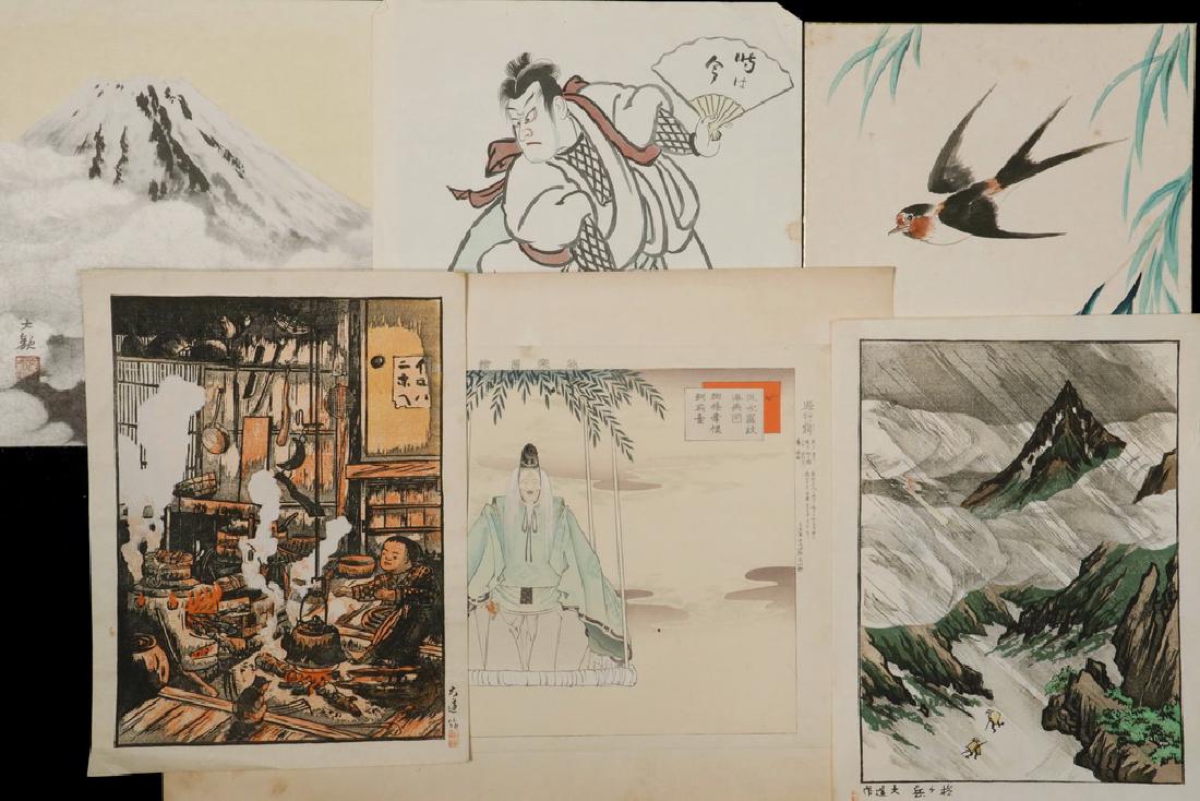 FOLIO OF LOOSE JAPANESE WOODBLOCK PRINTS: Including: Meguro Temple, by ANDO HIROSHIGE; Tokaido Hoeido #8 Hiratsuka; Giant Lantern at Thunder Gate; #58 Sudden Shower Over Shin-Ohashi Bridge and Atake; Tora's Rain at Oiso; Mogami River and Gass