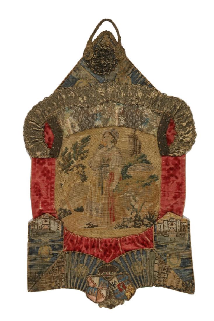 EARLY 19TH C. TAPESTRY PENNANT: British Patriotic Petit Point of the Royal Princess Victoria in rural dress, castle behind, framed by fabric work and gold and silver bullion ribbon, blossom and hanger, having the dual heraldic shiel