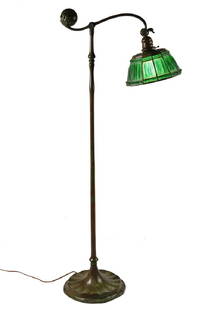 TIFFANY FLOOR LAMP: Early 20th c. Tiffany Studios Green Linenfold Counter Balance Floor Lamp, with verdigris patination over dark bronze, adjustable neck, tulip petal shaft, scalloped edge circular flat foot, base signed