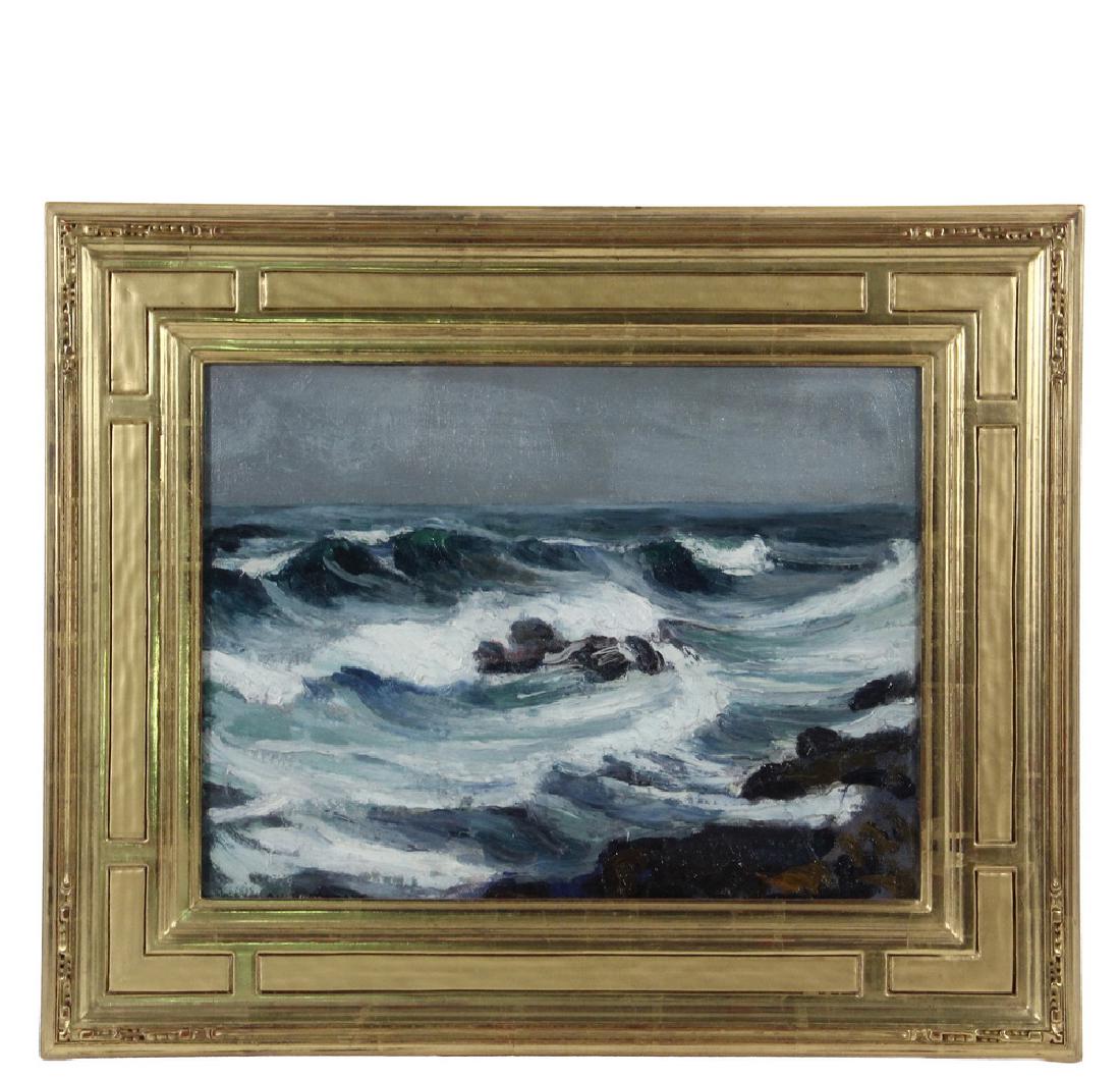 ABRAHAM JACOB BOGDANOVE (NY/ME/NH/RUSSIA, 1887-1946): "Oceanside", oil on canvas laid to board, depicting Washerwoman Rocks, Monhegan Island, signed lower left, titled verso, in replica gilt Arts & Crafts frame, OS: 18 1/2" x 22 1/2", SS: 11 1/2" x 15 1/
