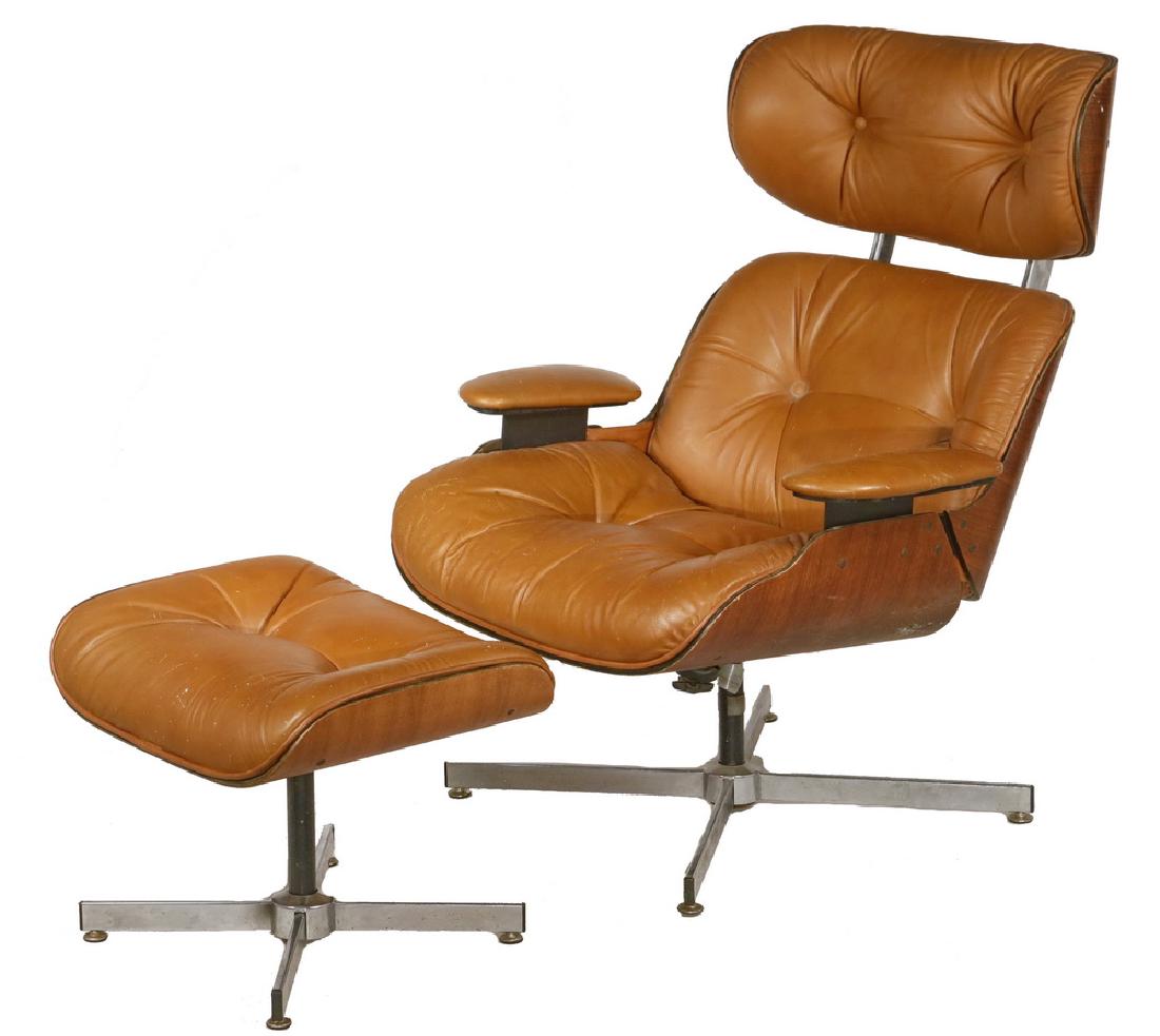 EAMES STYLE LOUNGE CHAIR & OTTOMAN: Selig Manufacturing Co, Leominster, Mass. 1975, after the Eames Lounge (670) and Ottoman (671), circa 1956. Bent mahogany plywood, camel colored vinyl and chrome plated steel. Four leg bases. The Armc