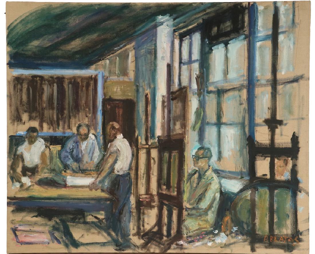 ARBIT BLATAS (NY/FRANCE, 1908-1988): "Joe Battaglia in the Studio", oil on raw linen, signed lower right, unframed. Blatas would visit the Lowy Studio, wherein a friendship would ensue between Blatas and Joe Battaglia. Battaglia would be