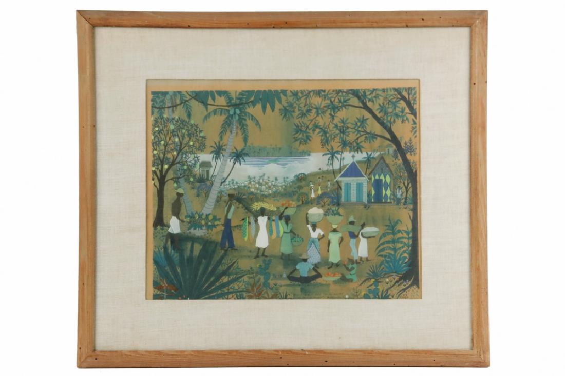 JACK HOFFLANDER (NY/IL, 1920-2003): "Republique d' Haiti, To the Market at Port au Prince", gouache on paper, signed and titled at bottom, dated 1953 lower right, in oak frame, linen mat, under glass, OS: 20" x 23", SS: 12 1/2" x 15 1/2