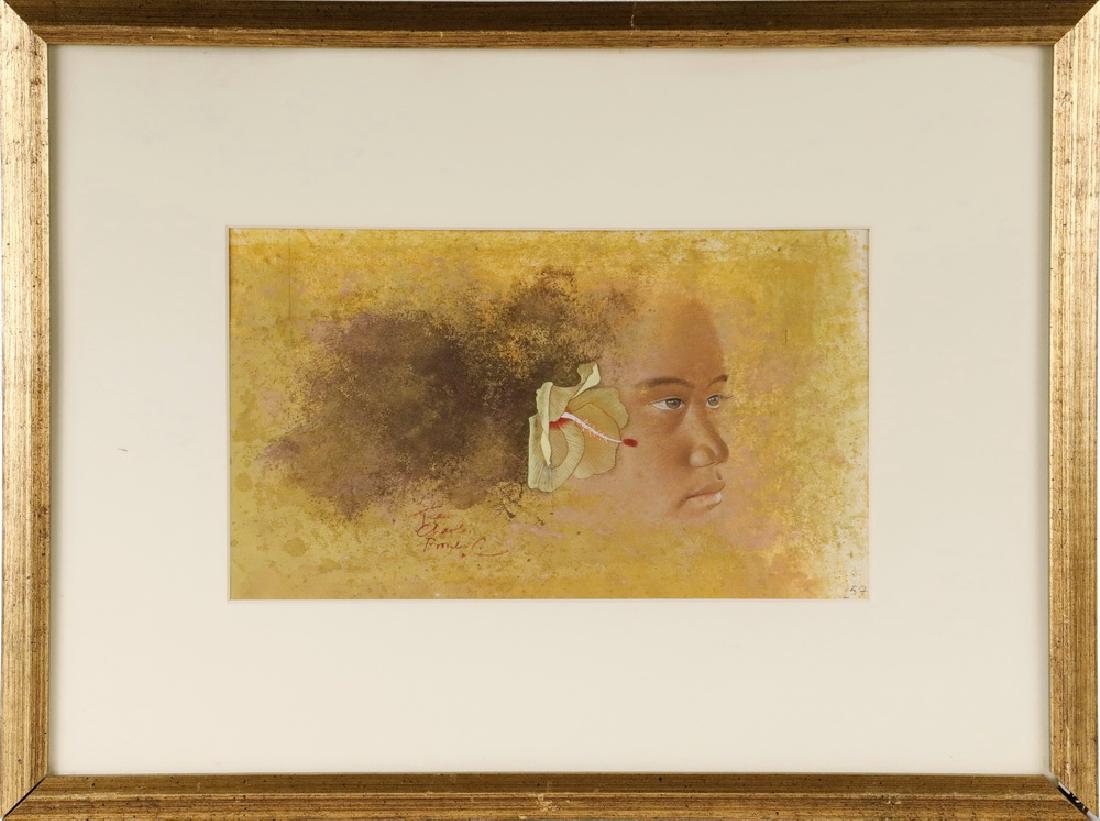 JEAN-CHARLES BOULOC (FRENCH POLYNESIA, 1930-2014): Tahitian Girl with Hibiscus Blossom in her Hair, gouache on paper, signed lower left, marked '57' lower right, in speckled gold frame, matted and glazed, OS: 14" x 19", SS: 6 1/2" x 11". Fine conditio