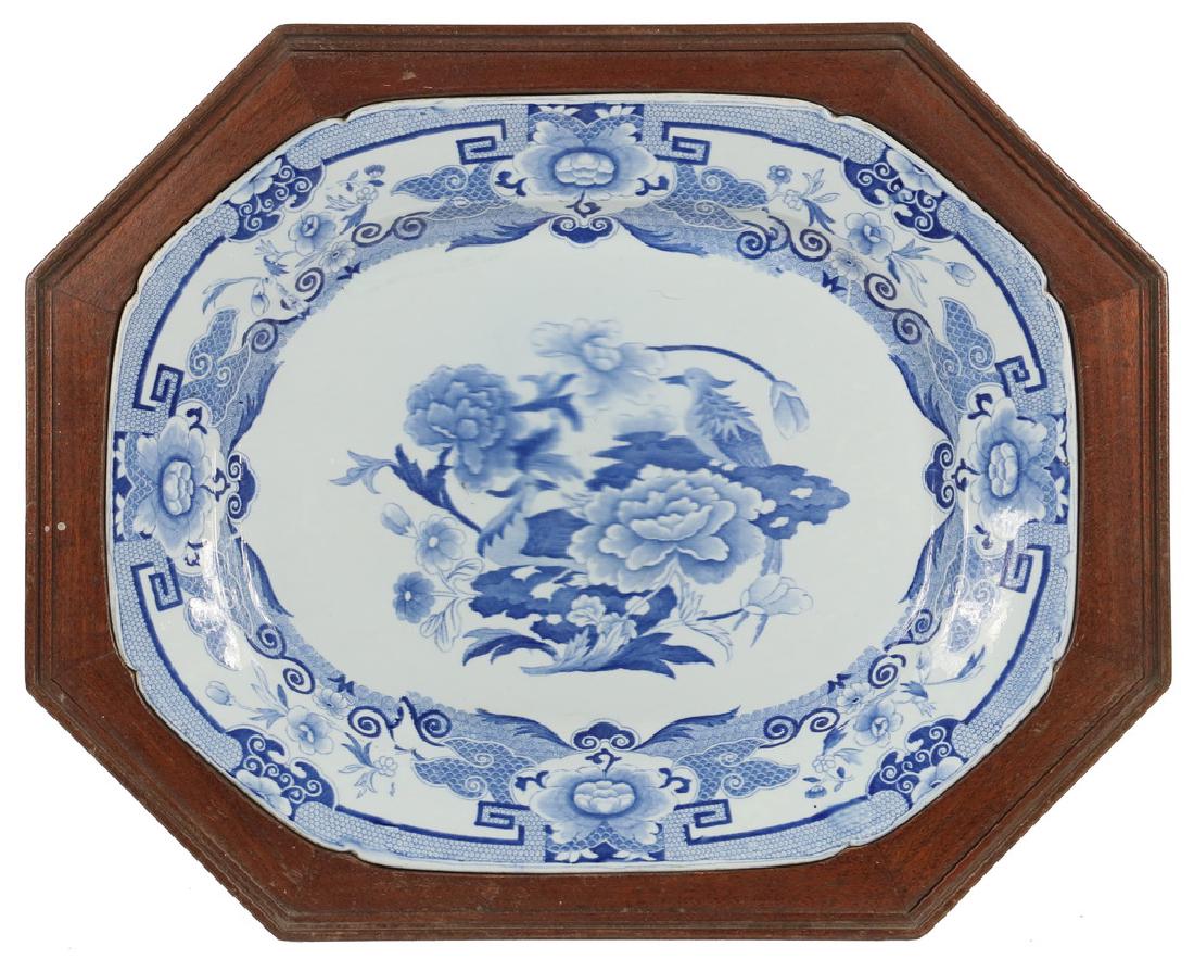 EARLY MASON'S IRONSTONE PLATTER: Large Ca. 1825 Mason's Ironstone Platter, Blue Pheasant pattern, in custom walnut frame, octagonal shape with cut corners, with impressed circle mark and transfer printed crown and banner mark in blue