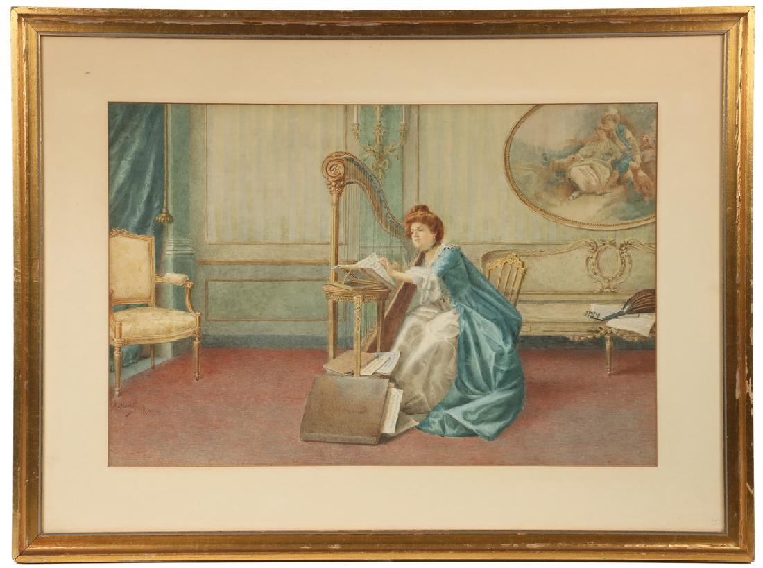 RENATO MORETTI (ITALY, 1863-1913): Lady Playing Harp in Rich Interior, watercolor on paper, signed center left and marked 'Roma', in gilt cove frame, matted and glazed, OS: 20" x 27", SS: 30 1/4" x 20 1/4". Fine condition, loss to fram